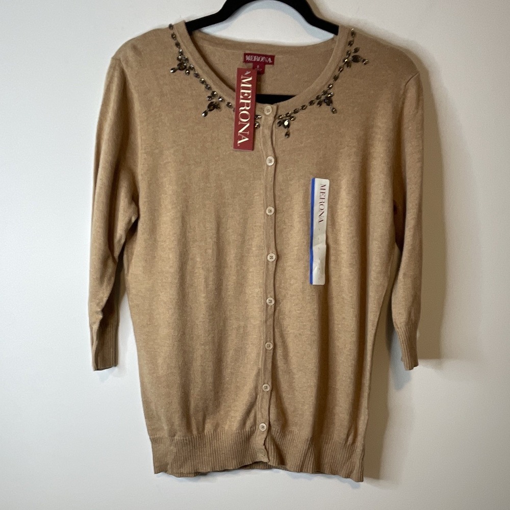 Merona L Beige Beaded Round Neck Cardigan 3/4 Sleeve Classic Preppy NWT